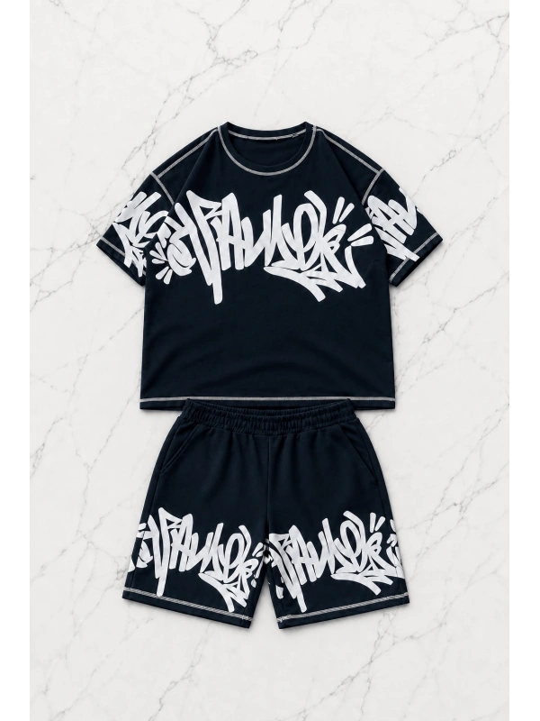 Graffiti Tag Midnight Navy T-shirt & Şort Takım