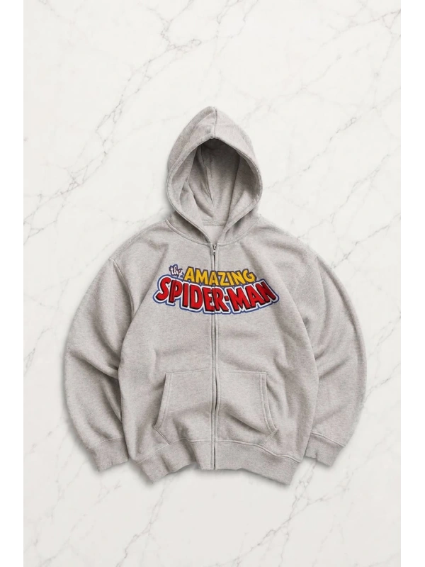 Gri Melanj Amazing Spider Cartoon Sırt Baskılı Unisex Hırka