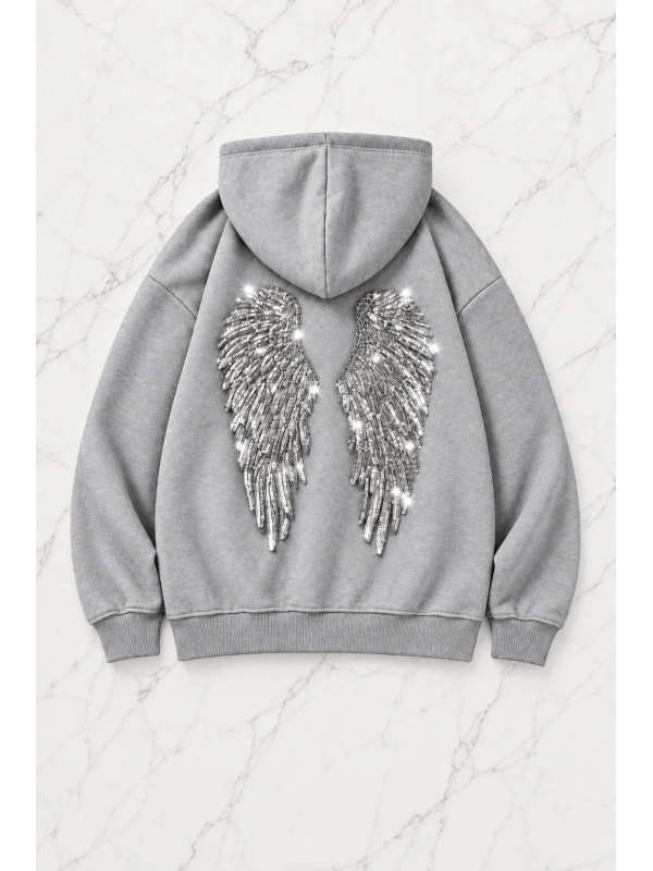 Gri Melek Parıltılı Taş Detaylı Oversize Sweatshirt