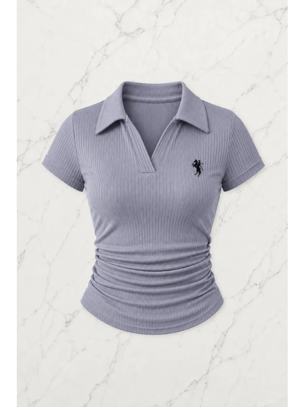 Gri Polo Yaka Fitilli Likralı Bluz