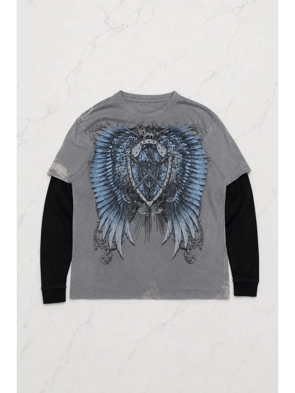 Gri Wing & Shield Gotik Siyah Kollu Unisex Sweatshirt