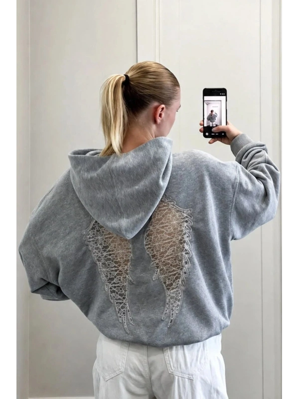 Gri Wings Sırt Dantel Detaylı Oversize Sweatshirt