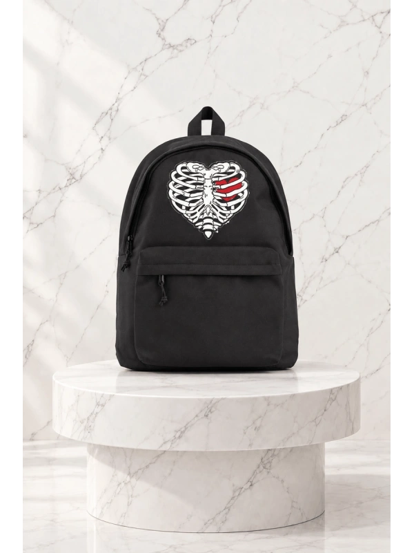 Heart Rib Baskılı Unisex Sırt Çantası - Siyah