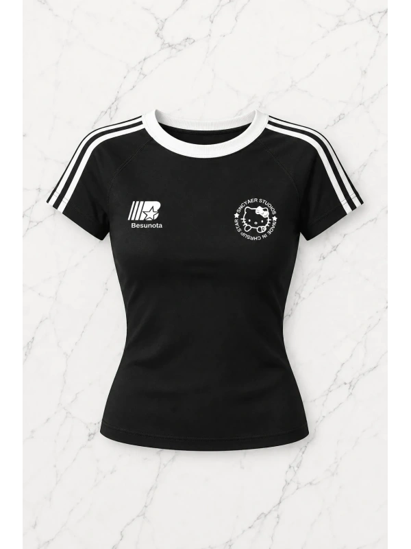 Hello Kitty Baskılı Şeritli Bluz Body Crop