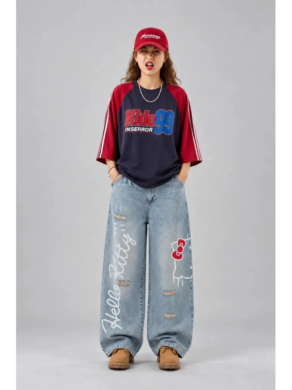 Hello Kitty Detaylı Baggy Jean - Mavi