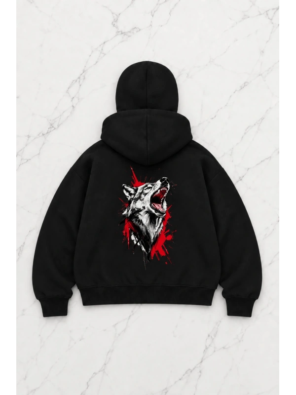 Howling Wolf Baskılı Kar Maskeli Unisex Sweatshirt Hırka - Siyah