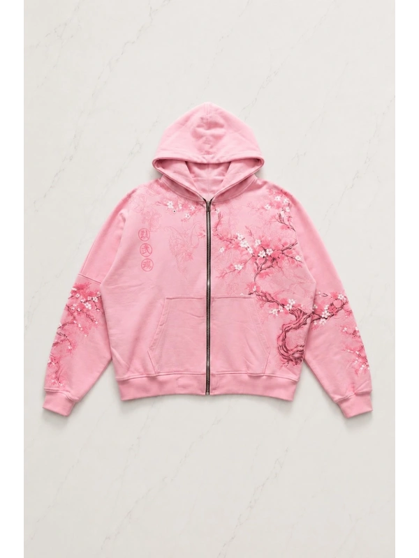 Japonic Pembe Sakuralı Unisex Hırka - Pembe
