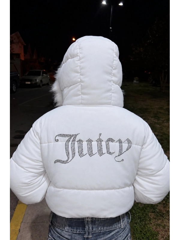 Juicy Peluş Kapüşonlu Şişme Crop Mont - Beyaz