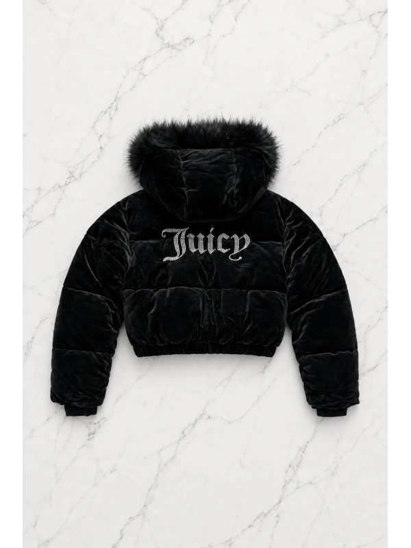 Juicy Peluş Kapüşonlu Şişme Crop Mont - Siyah