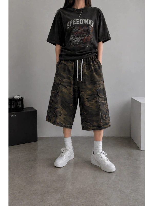 Kamuflaj Kargo Cepli Oversize Bermuda Şort - Haki