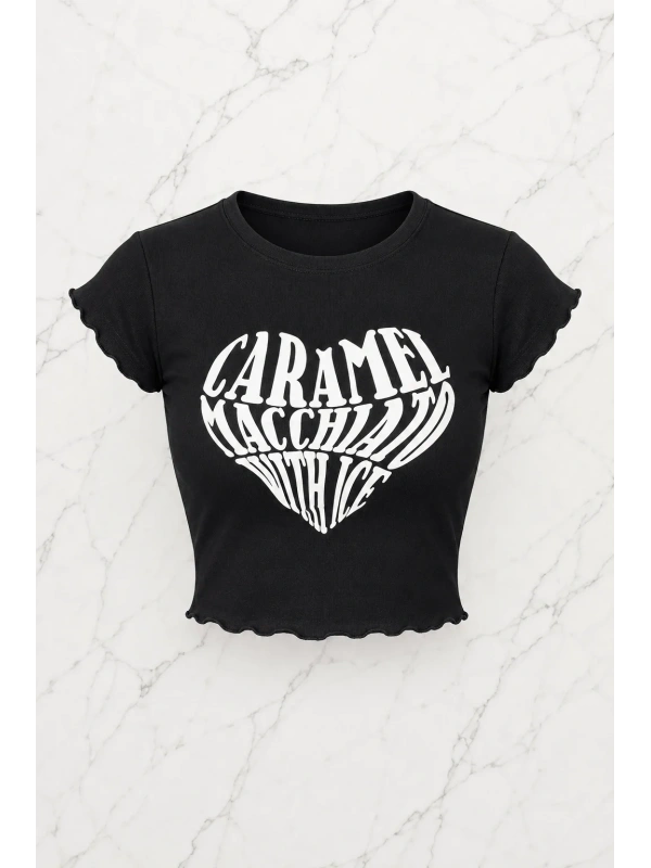 Kemer Boy Caramel Macchlato Baskılı Crop Bluz