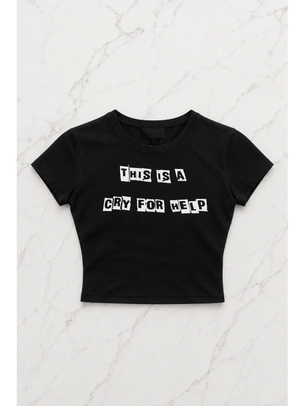 Kemer Boy Cry For Help Baskılı Crop Bluz
