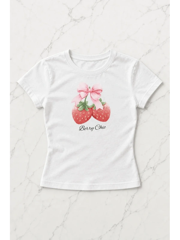 Kemer Boy Strawberry Baskılı Crop Bluz