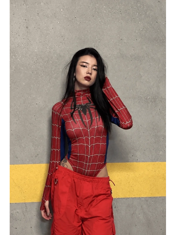 Kırmızı Spider Çıtçıtlı Uzun Kollu Body
