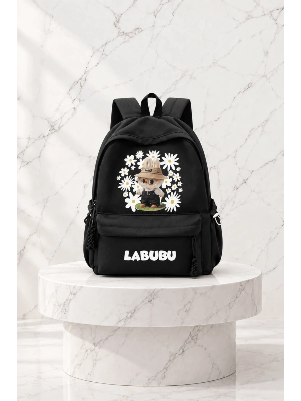 Labubu Design Baskılı Sırt Okul Çantası - Siyah