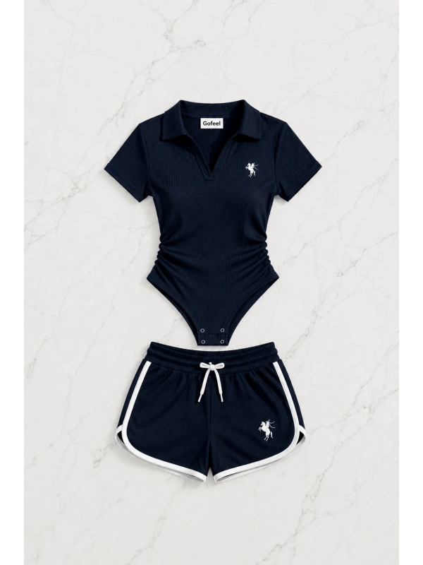 Lacivert Fit Polo Yaka Bodysuit Şort Takım