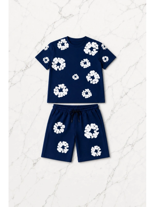 Mavi Çiçek Detaylı Oversize T-shirt & Şort Takım