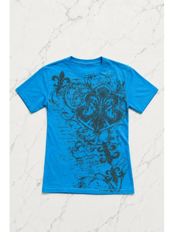Mavi Fleur-De-Lis Gotik Y2K Kısa Kollu Crop