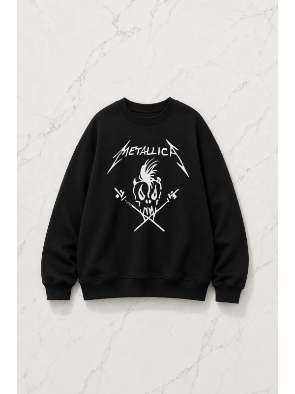 Metallica Skull Baskılı Siyah Unisex Oversize Bisiklet Yaka Sweatshirt