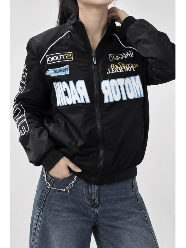 Motor Racer Retro Y2K Unisex Ceket - Siyah