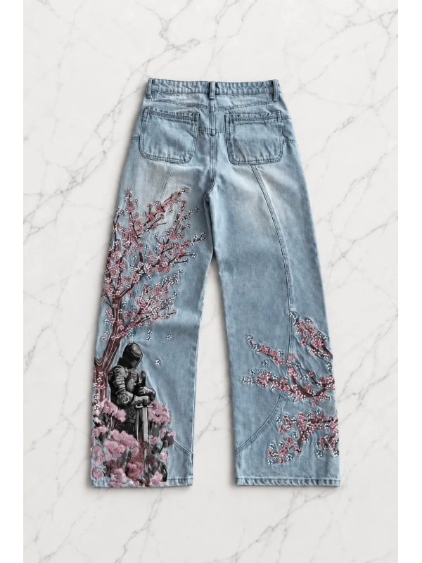 Night Blossom Nakışlı Wide Leg Jean - Mavi