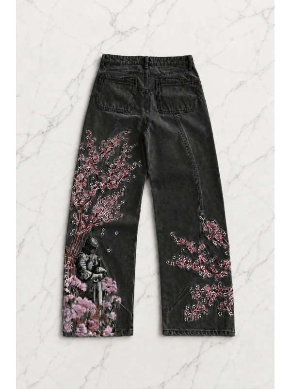 Night Blossom Nakışlı Wide Leg Jean - Siyah