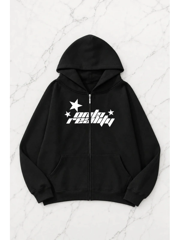 Onto Reality Kapüşonlu Oversize Unisex Hırka - Siyah