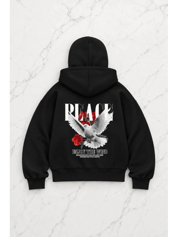 Peace Baskılı Kar Maskeli Ninja Unisex Sweatshirt Hırka - Siyah