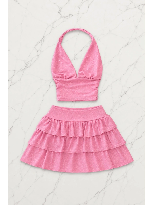 Pembe Ashley Sim Detaylı Şort Etek Bluz Takım