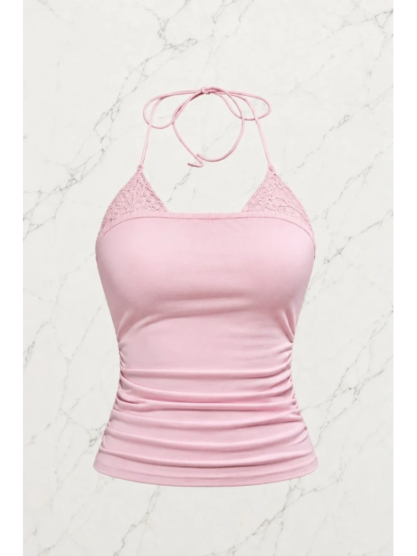 Pembe Dantel Ekli Bağlamalı Y2K Askılı Crop