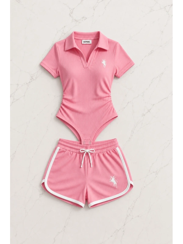 Pembe Fit Polo Yaka Bodysuit Şort Takım