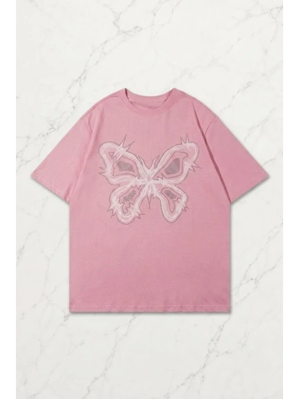 Pembe Kelebek Baskılı Kısa Kol Oversize T-Shirt