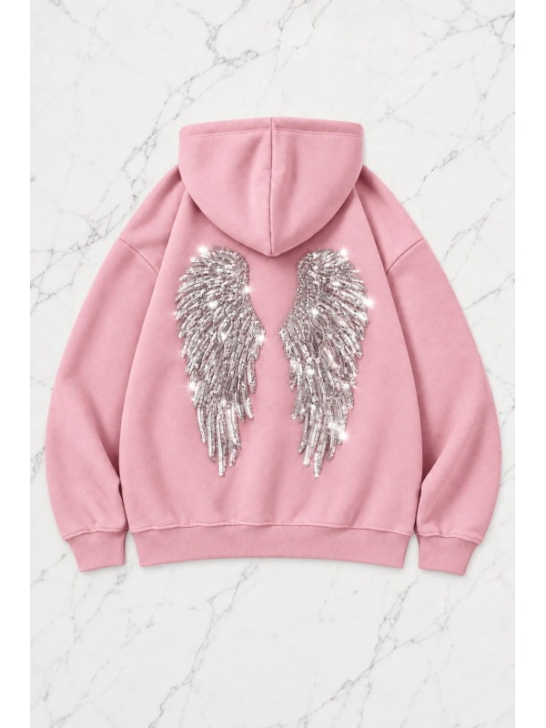 Pembe Melek Parıltılı Taş Detaylı Oversize Sweatshirt