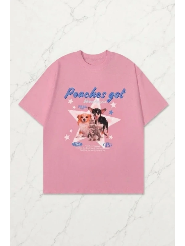 Pembe Peaches Got Baskılı Kısa Kol Oversize T-Shirt