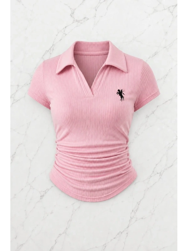 Pembe Polo Yaka Fitilli Likralı Bluz