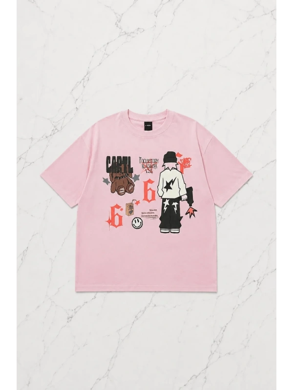 Pembe Retro Graphic Baskılı Kısa Kol Oversize T-Shirt