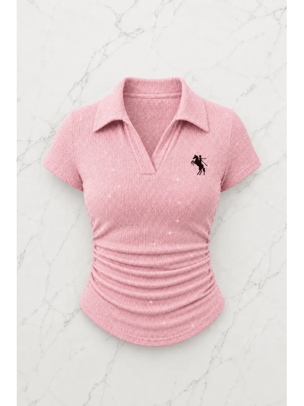 Pembe Simli Polo Yaka Büzgülü Bluz