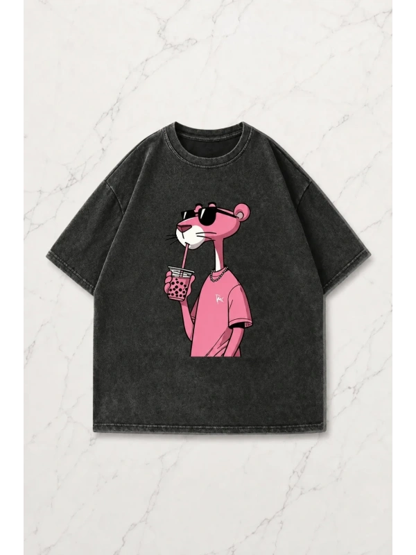 Pink Panter Yıkamalı Oversize Vintage Tshirt