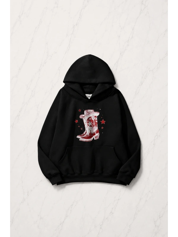 Pink Star Bot Kapüşonlu Oversize Unisex Sweatshirt