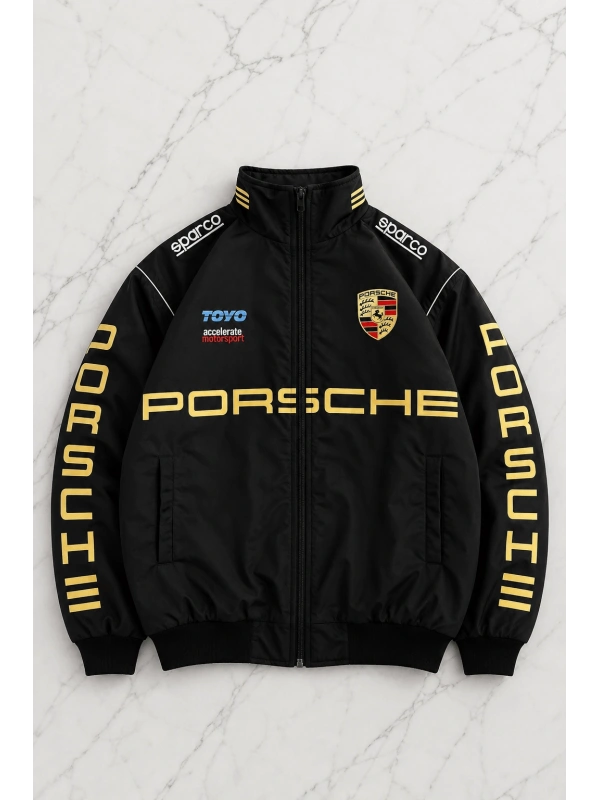 Porsche Desenli Unisex Bomber Ceket - Siyah
