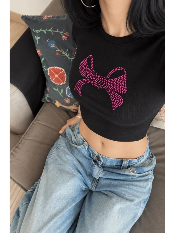 Ribbon Pembe Taş Baskılı Crop