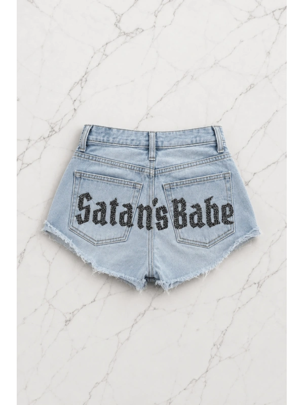 Satans Babe Taşlı Y2K Mini Şort - Mavi