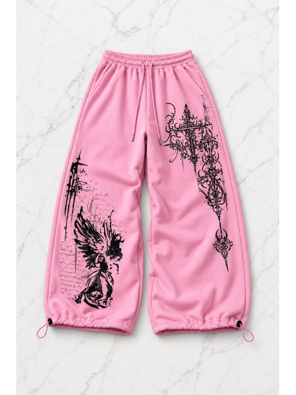 Shadow Detaylı Baggy Unisex Eşofman Altı - Pembe