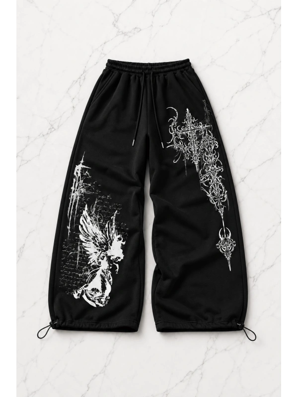 Shadow Detaylı Baggy Unisex Eşofman Altı - Siyah