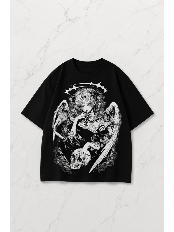 Siyah Anime Winged Gothic Kısa Kol Oversize T-Shirt