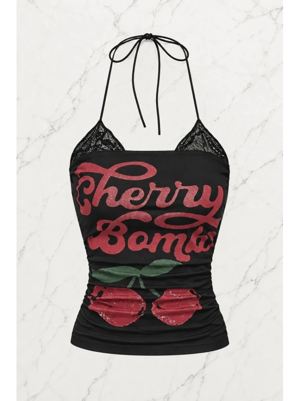 Siyah Cherry Bomb Dantelli Ek Askılı Crop