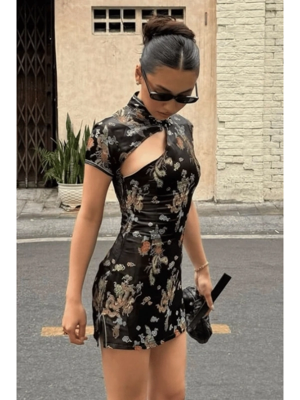Siyah Dragon Desenli Qipao Y2K Elbise