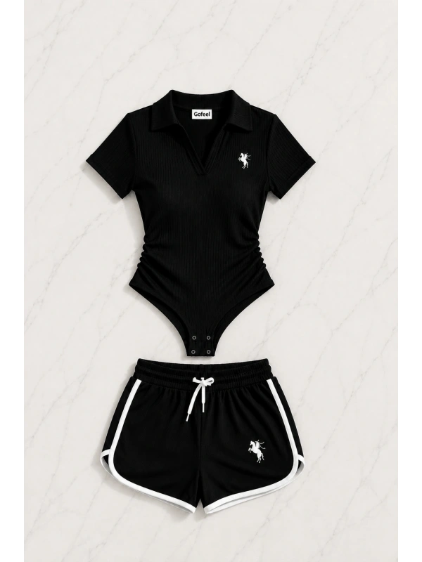 Siyah Fit Polo Yaka Bodysuit Şort Takım