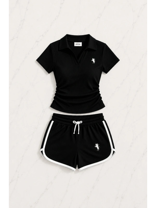 Siyah Fit Polo Yaka Şort Takım