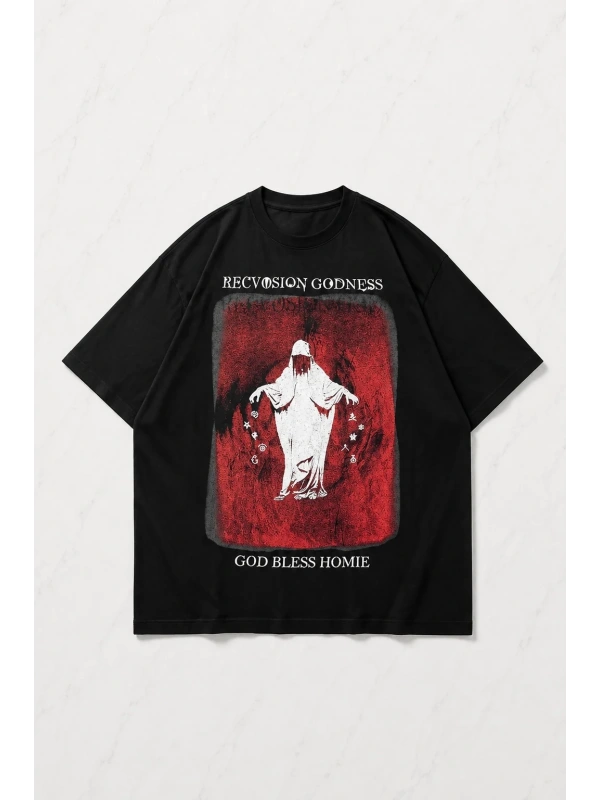 Siyah Godness Ghost Baskılı Kısa Kol Oversize T-Shirt